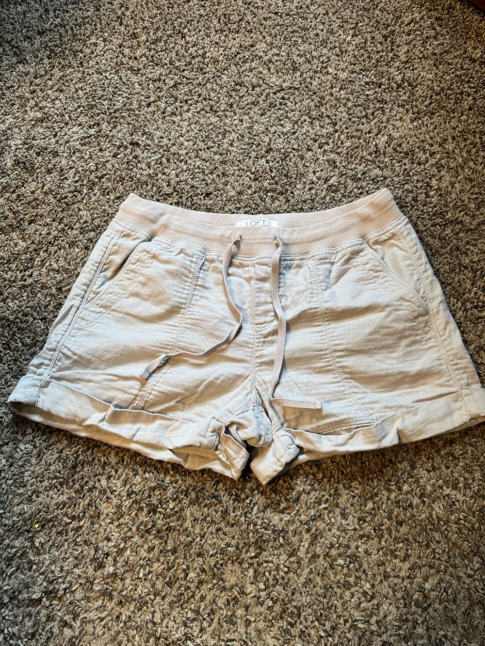 LOFT Light Cream Drawstring Casual Linen-Blend Shorts